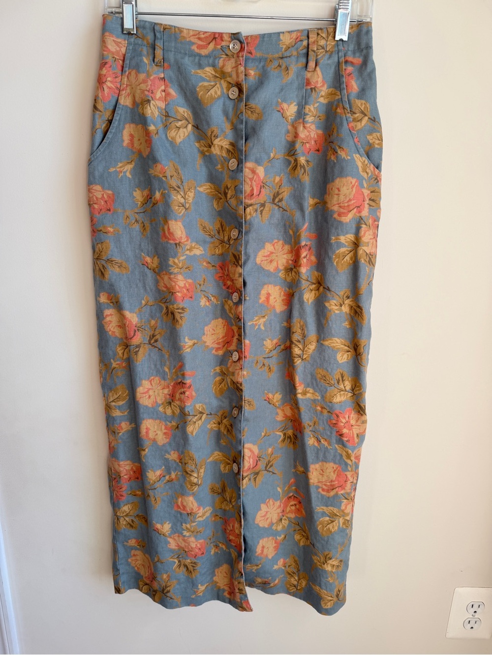 VTG Orvis 100% Linen Floral Button Front Maxi Skirt Womens 6